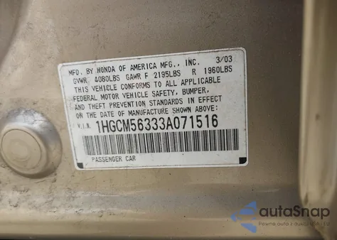 2003 Honda Accord 2.4 Lx from USA, damaged, VIN 1HGCM56333A071516